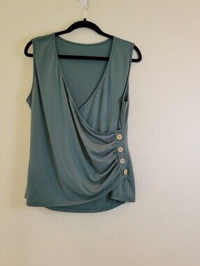 Easy Gala Teal Sleeveless Wrap-Front Tank Top With Wood Look Buttons. Length 26"